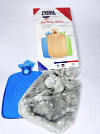 قربة مياه جلد ٢ لتر بكساء فرو لونه رمادي لامع